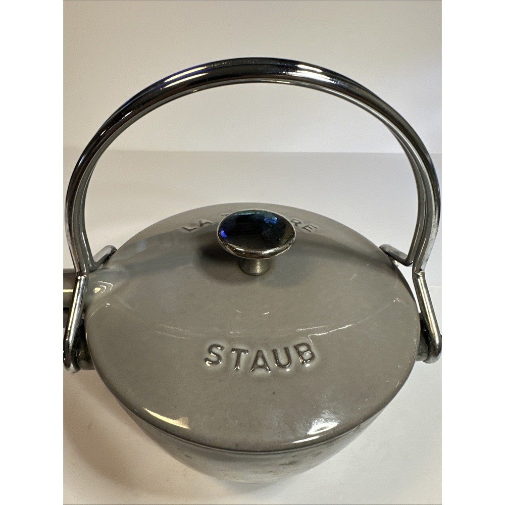 LA THEIERE STAUB Round Enameled Cast Iron Tea Kettle 1 Qt Gray France - Picture 2 of 10